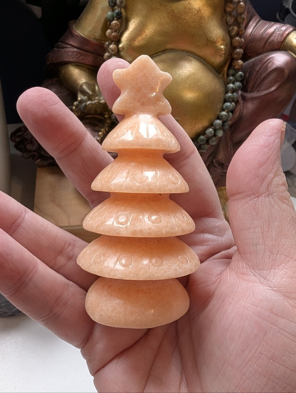 Rare Hand Carved  Peach 🍑 Calcite  / Quartz Christmas Tree Accent Sculpture